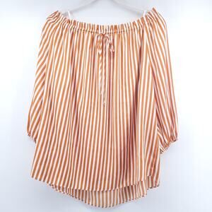 H&M Modern Flowy Boho Off The Shoulder Gold Cream Silky Stripe Top 3/4 Sleeve 6